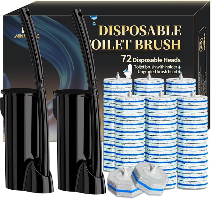 2 Pack Disposable Toilet Brush and Holder Set,Extended Handle with 72 Cleaner Refills Toilet Brush for Toilet Bowl Cleaners,Bathroom Cleaning, Bathtub.Disposable Toilet Cleaning System