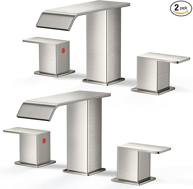 FORIOUS Widespread Bathroom Sink Faucet 3 Hole Brushed Nickel, 2 Handles Waterfall Bathroom Faucet with Metal Pop-up Drain and 24" Hot and Cold Water Hoses, Suitable for Vanity RV Restroom, 2 Pack