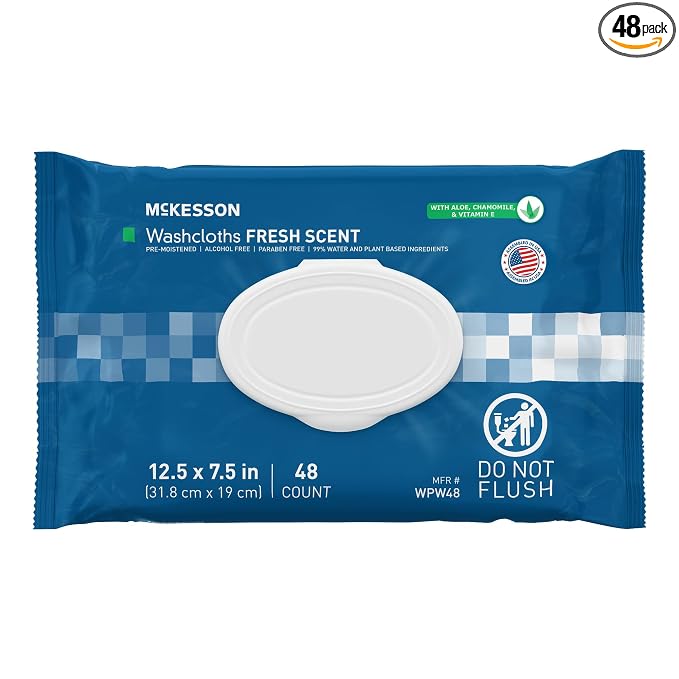 McKesson Washcloth Wipes, Scented - Disposable Wet Wipes for Adults - Alcohol-Free - No-Rinse Formula - Snap Lid Soft Pack, 48 Count, 1 Pack