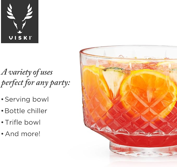 Viski Admiral Punch Bowl Set with 8 Tumblers, Cut Crystal Cocktail Party Serveware, Dishwasher Safe, 2.5 Gallons, 9 Oz Glasses, Set of 9