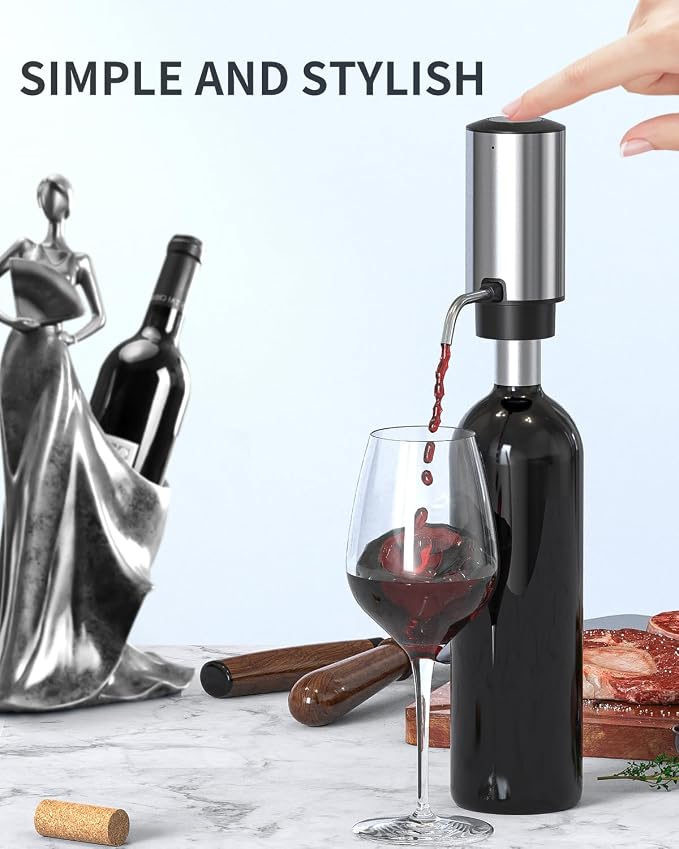 CIRCLE JOY Electric Wine Aerator Pourer Rechargeable One-touch Wine Decanter with Storage Base, Corkscrew and Vacuum Wine Stopper, White Elephant Gifts for Wine Lovers, Silver