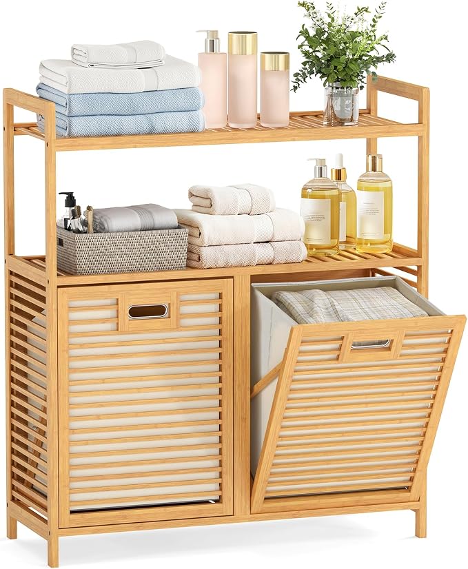 Giantex Double Tilt Out Laundry Hamper w/2-Tier Storage Shelf | 14 Gal Bamboo Laundry Storage Cabinet w/Removable Laundry Baskets, Laundry Sorter Organizer for Bathroom Living Room Bedroom