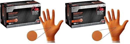 Venom Steel Maximum Grip Nitrile Gloves, 8 Mil Thick, Raised Diamond Texture For Grip, Puncture and Rip Resistant, Hi-Visibility Orange, One Size Fits Most (100 Count) (Pack of 2)