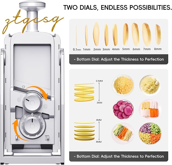 [All in 1] Vegetable Slicer with Adjustable Thickness, Easy to Clean Potato Mandoline Slicer with Container, Rapid Prep Veggie Cutter/Onion Slicer, Free Grater/Cleaning Brush (SliverGray)