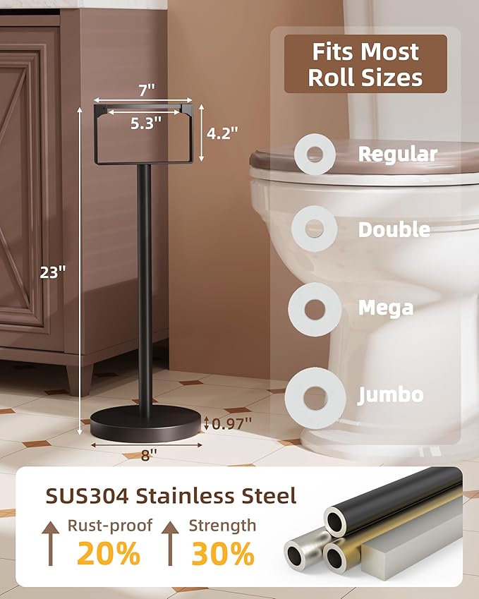 RUACQ Toilet Paper Holder Stand, Magnetic Closure Toilet Paper Stand with Lift-Up Rotating Arm, SUS304 Stainless Steel Bathroom Toilet Paper Holder Free Standing, Weighted Base (Matte Black)