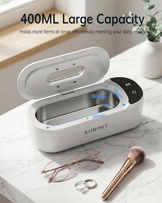 KUNPHY Jewelry Cleaner, 48KHz U-V Ultrasonic Cleaner Machine with Digital Display, Dual Cleaning Modes, 304 Stainless Steel Tank for Jewelry, Eyeglasses, Rings, Retainers, Dentures
