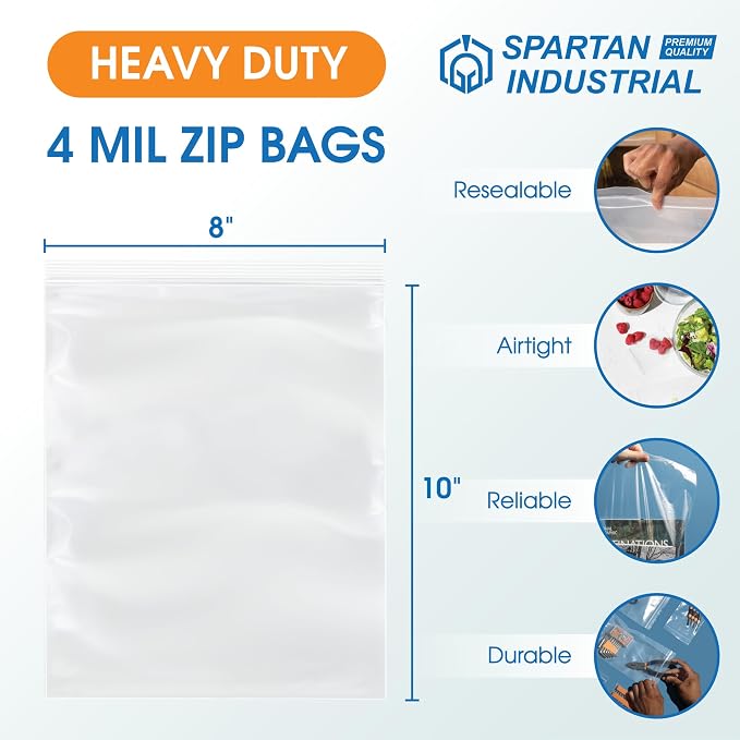 Spartan Industrial - 8” X 10” (100 Count) 4 Mil Heavy Duty Clear Plastic Reclosable Zip Poly Bags with Resealable Lock Seal Zipper