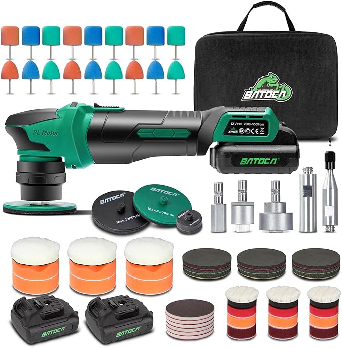 BATOCA S4 Cordless Multi-Polisher-Set, with 2Pcs 12V 2.5Ah Batteries, RO&DA Car Buffer Polisher, 1&3inch Mini Brushless Polisher for Car Detailing, Complete Accessories Kit