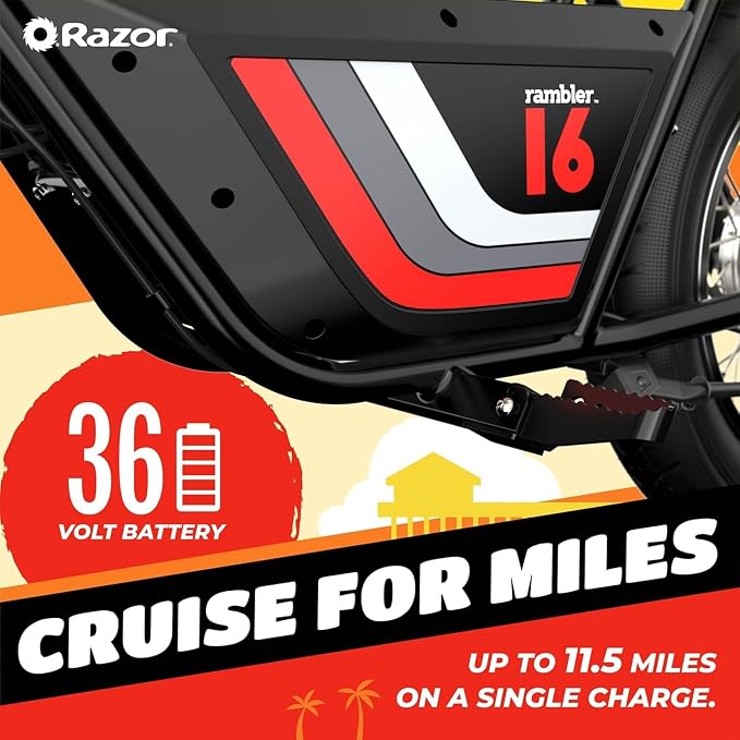 Razor Rambler 16 – 36V Electric Minibike with Retro Style, Up to 15.5 MPH, Up to 11.5 Miles Range, Wide, Rugged 16" Air-Filled Tires, Powerful 350 Watt Hub-Driven Motor | 140 lb Max Weight – 24V Battery, Up to 14 Mph, 30-Min Ride Time, Twist-Grip Throt...