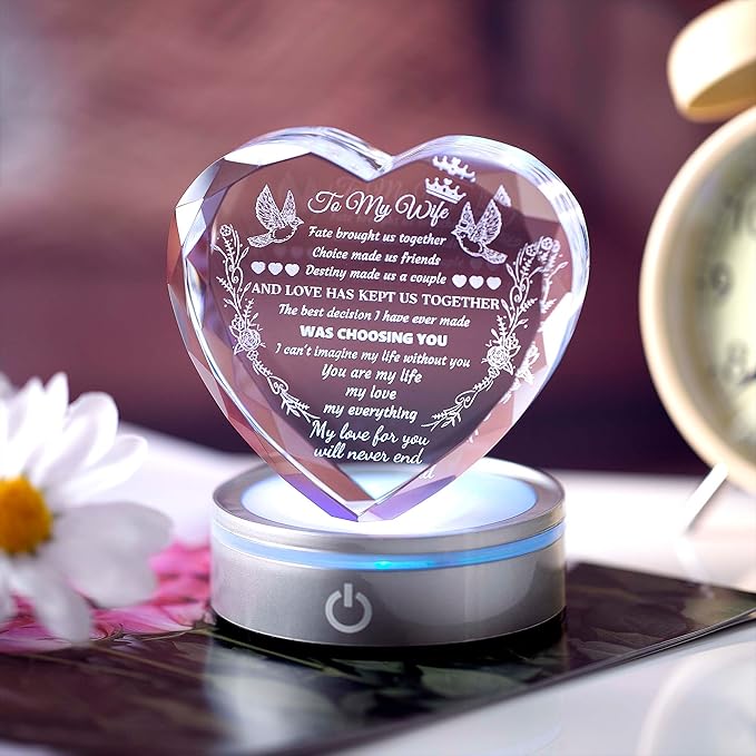 Gifts for Wife Crystal with Colorful LED Base, Anniversary Birthday Gifts for Women, I Love You Gifts for Her Wife Birthday Gift Ideas, Crystal Keepsakes Romantic Gifts for Valentine's Day