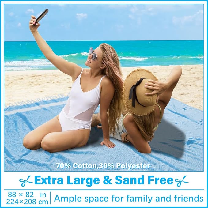 Vikumond Turkish Beach Towel Blanket Oversized 88x82 Inch Quick Dry SkyBlue | Lightweight Compact Portable Sand Free Absorbent Boho Woven Throw for Pool Swimming Picnic Camping Cruise Outdoor Essentials