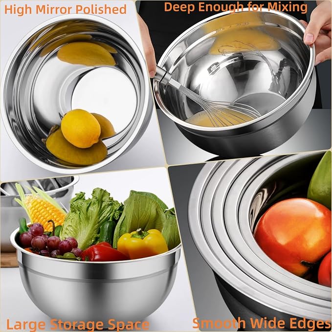 MIKULA Mixing Bowls Set, 22PCS Large Stainless Steel Mixing Bowl with Lids Set, Large Nesting Bowls 7/6/4.5/3.5/2.5QT, Measuring Cups and Spoons Baking Storage Metal Bowl for Kitchen Prep Supplies