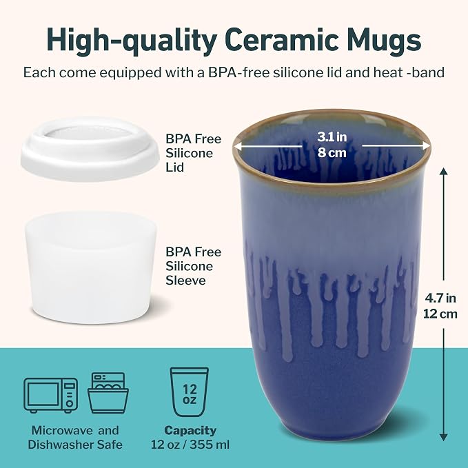 NOVA CERAMICS Ceramic Tumbler– Blue Ceramic Mug – Microwave & Dishwasher Safe Coffee White & Orange Tumbler - Leak-Proof Coffee Travel Mug – 12oz – Neptune