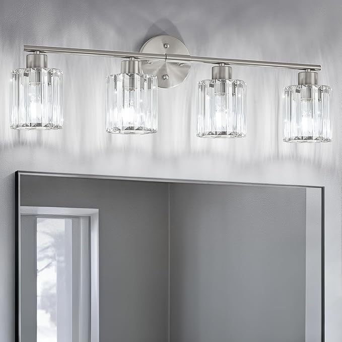 Crystal Bathroom Light Fixtures, Bathroom Lighting Fixtures Over Mirror, Modern 4-Light Brushed Nickel Vanity Lights for Mirror, Restroom, Kitchen(Ceramic E26 Socket,Bulbs Not Include)