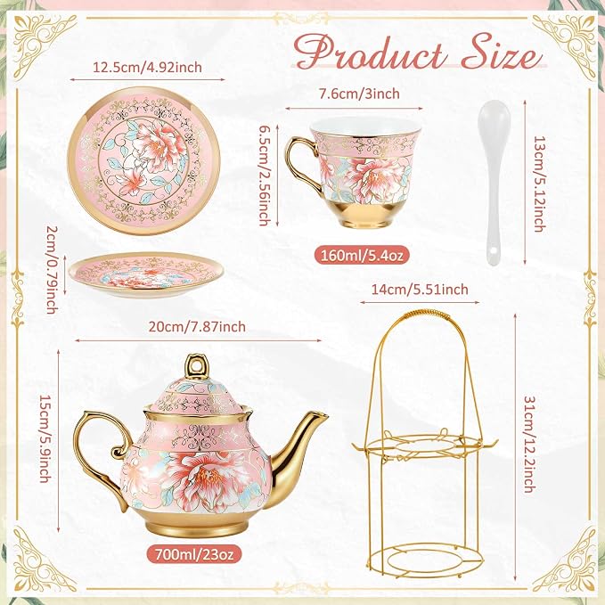 Zhehao 20 Pcs Porcelain Tea Set with Metal Holder and Spoon Adult Ceramic Tea Set European Flower Painting Teapot Cup Saucer Spoon for Women Mom Gift, Large Version (Pink Style)