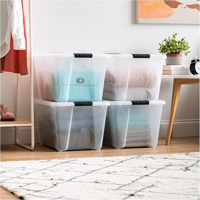 IRIS USA 54 Qt Stackable Plastic Storage Bins with Lids, 8 Pack - BPA-Free, Made in USA - See-Through Organizing Solution, Latches, Durable Nestable Containers, Secure Pull Handle - Clear