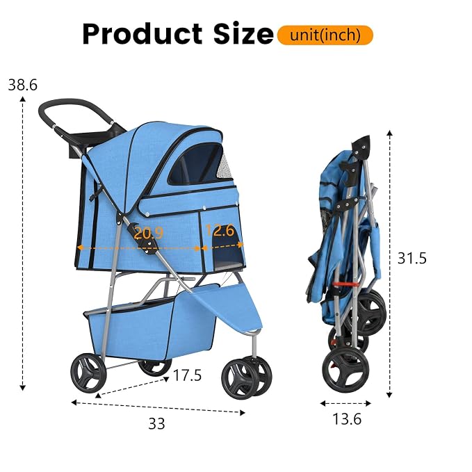 BestPet | 3-Wheel Pet Stroller | Dog and Cat Stroller | Breathable Mesh | Lightweight Travel Carrier | Waterproof & Foldable Design | Storage Basket | Blue | for Daily Walks & Outdoor Use