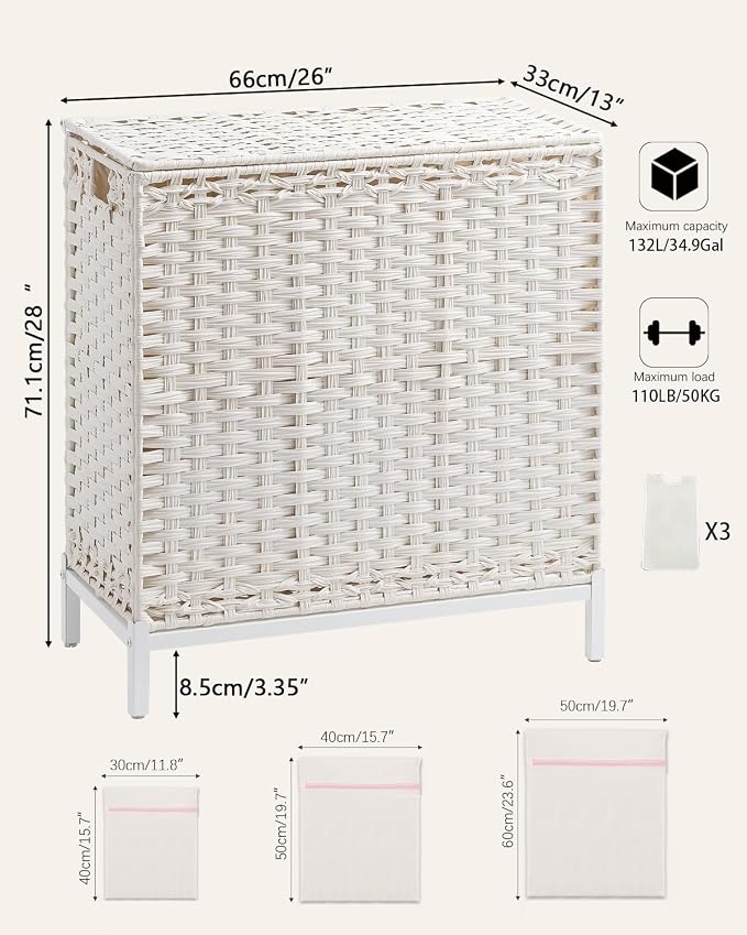 SETVSON Laundry Hamper with Lid, Large 132L Rattan Basket, White | 3-Section Large 35 Gal Clothes Hamper, 3 Removable Bags, Heightened Metal Feet, 6 Mesh Laundry Bags, Steel Frame