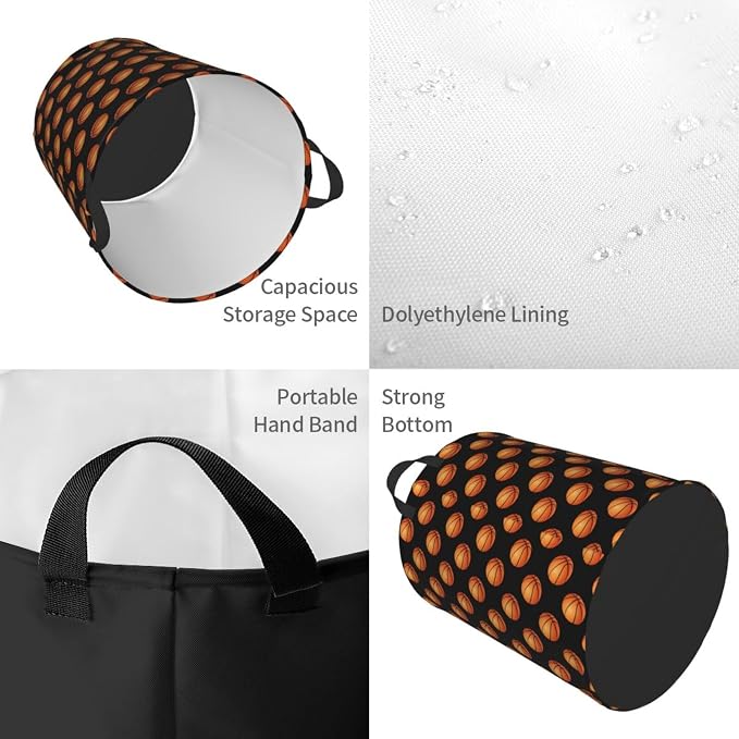 Fun Bblack Basketball Laundry Hamper Laundry Basket Circular Hamper Dirty Clothes Storage with Handles