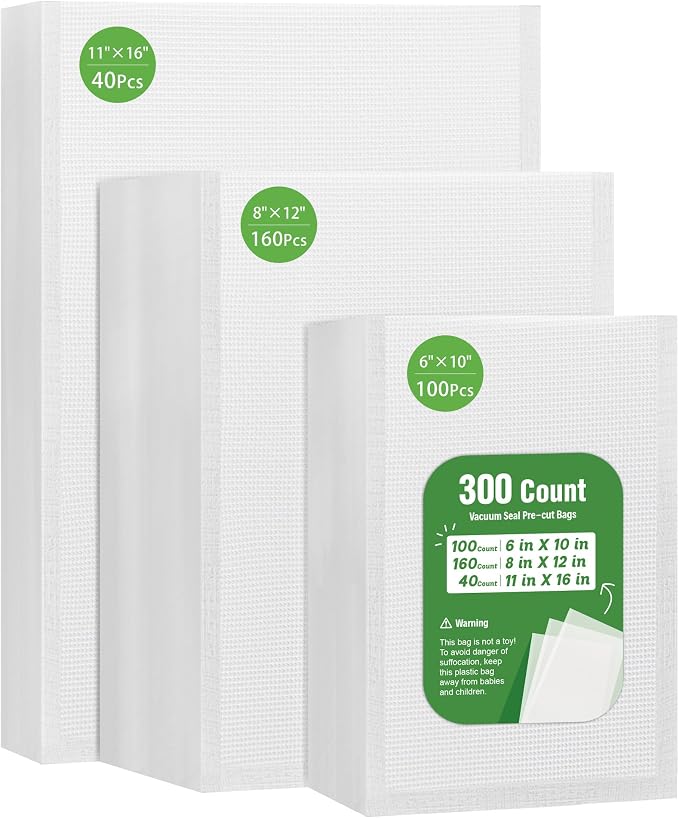 Syntus 300 Pcs Vacuum Sealer Bags for Food, 8x12+11x16+6x10, BPA Free | Precut Bags, 160 Quart + 40 Gallon + 100 Pint, Sous Vide Microwave Freezer Safe, Food Vacuum Storage, For All Vacuum Sealers
