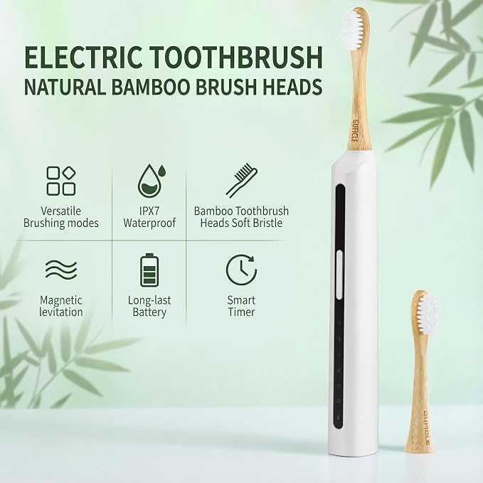 Sonic Electric Toothbrush with Bamboo Heads, White | Bamboo Electric Toothbrush, Soft Castor Oil Bristles, Smart Timer, 40000 VPM, 5 Modes, IPX7 Waterproof, 45-Day Battery Life