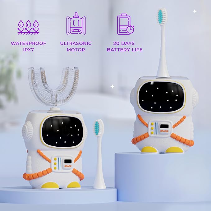 Bendi Kids Toothbrush, U-Shaped Electric Sensory Design, Ages 2-7, White | Sensory-friendly design, self-brushing 5 modes, 360 whole mouth clean, toddler & kids 2-7, astronaut mouthguard, multi heads