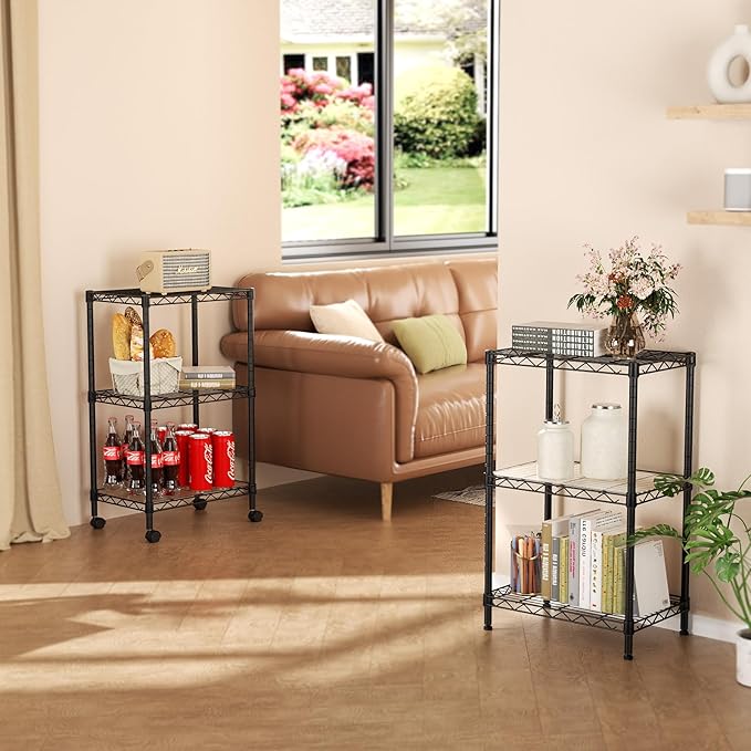 SINGAYE 3 Shelves Storage Shelf Wire Shelving Unit Metal Adjustable Wheels | Small Shelf Storage with Wheels Organizers Closet Unit for Bathroom Laundry Room Kitchen Pantry11.5D x 17.5W x 30.5H Black