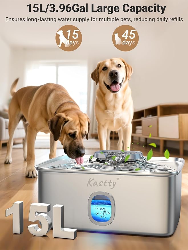 Kastty 4 Gal/15L Stainless Steel Dog Water Fountain for Large Dogs | Dog Water Bowl Dispenser Triple Filtration,Ultra Quiet Automatic Pet Water Fountain with Water Level Window&LED Light(FS76)