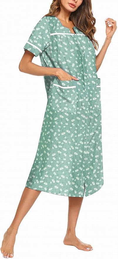 Ekouaer Womens Snap Front Dusters Cotton Housecoat Short Sleeve Nightgown House Dress With Pockets