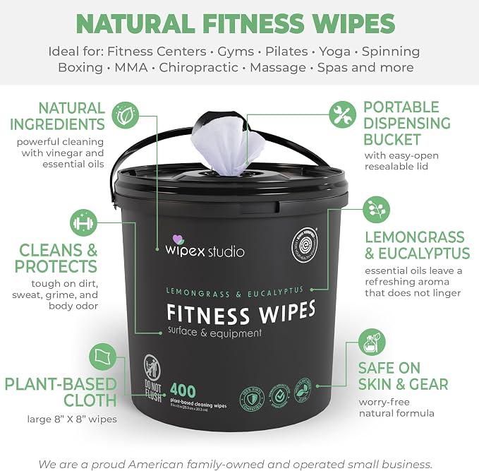 Wipex Gym Plant-Based Wipes, EWG Verified, Natural Surface & Equipment Cleaning with Lemongrass, Eucalyptus & Vinegar for Home or Fitness Studio, Yoga Mats, Peloton Bikes, 400 Count (Pack of 2)