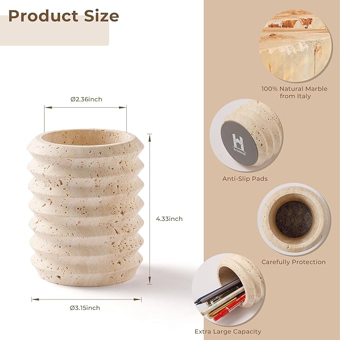Pen Holder Stand for Desk, Natural Travertine Stone Makeup Brush Holders, Modern and Functional Pencil Cup for Office Supplies Tableware Organizer for Home Decor School Beige (PH90110)