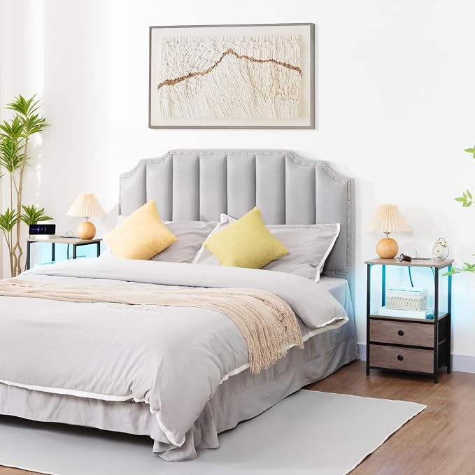 Nightstands Set of 2, LED Night Stand with Charging Station | Bedside Table with Type-C Outlets & 2 Fabric Drawers, End Tables with Storage Shelf for Bedroom, Small Spaces, Grey