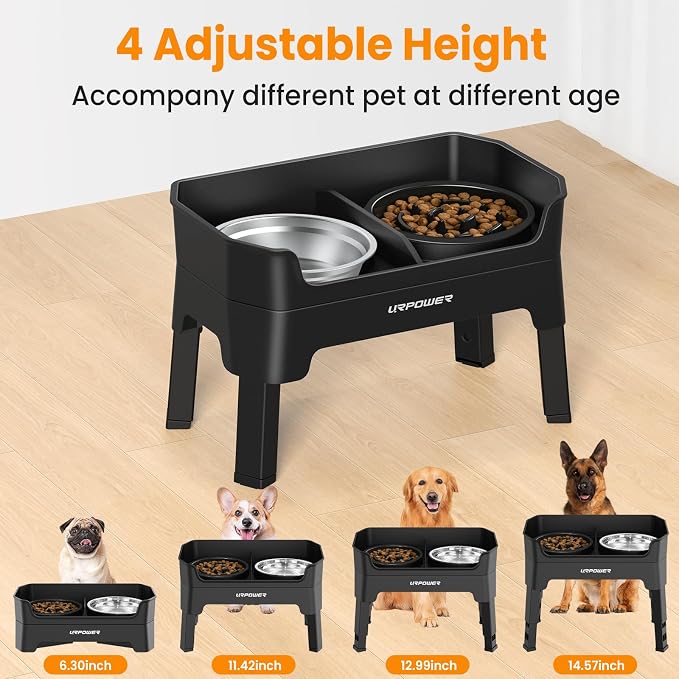 URPOWER 3-in-1 Elevated Dog Bowls with Slow Feeder & Licking Plate | 4 Height Adjustable Raised Stand with 2 Stainless Steel Food Bowls & Licking Plate for Small, Medium & Large Dogs