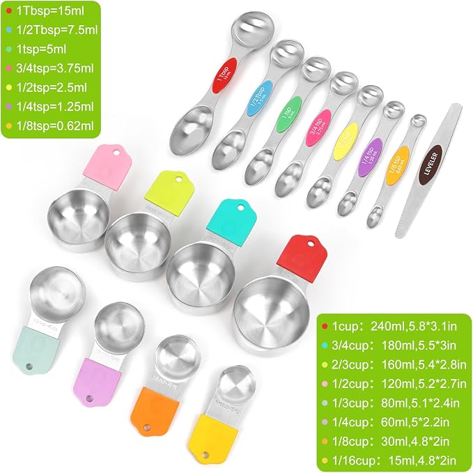 Magnetic Measuring Cups and Spoons Set | 16-Piece Stainless Steel Metal Baking Essentials (8 Cups +7 Spoons + 1 Leveler) with Space-Saving Design | Cookware Gift Idea