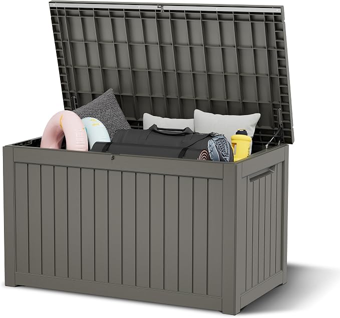 280 Gallon Outdoor Storage Box, Resin Deck Boxes Indoor and outdoor, Waterproof Storage Box Lockable Lid for Garden Tools, Package Delivery, Patio Cushions, Grey
