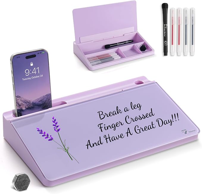TOWON Small Compact Glass Desktop Whiteboard with Storage – 12 x 7 in Dry Erase Board for Desk, Home Office, School | Includes 5 Markers, Eraser & Holder | Space-Saving Organizer, Aesthetic Lavender