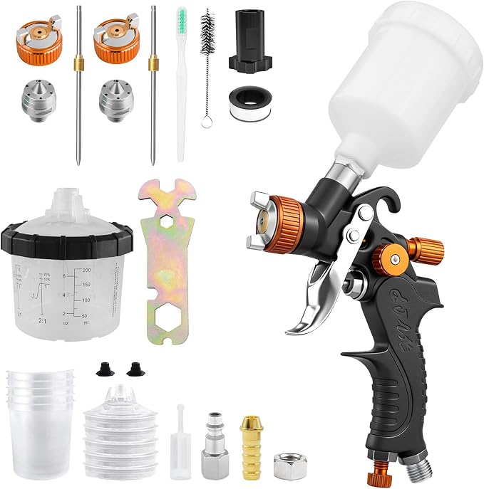 Mini HVLP Air Spray Gun with 0.8/1.0 mm Nozzles and 5pcs 200ML Disposable Paint Cups, 125 cc Cup Gravity Feed Air Paint Sprayer Touch UP Spray Gun for Car Furniture Painting, Detail Repair (Orange)
