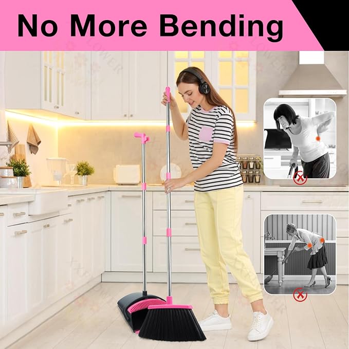 Broom and Dustpan Set, Long Handle Lightweight Dustpans with Broom Combo for Home, Indoor&Outdoor Sweeping for Home Room Kitchen Office Lobby (Black Pink)