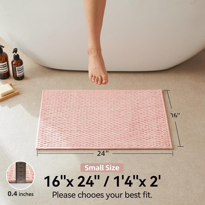 Triohero Bathroom Rugs Non Slip Washable, Super Absorbent Thin Bath Mat Small Quick Dry Low Pile Bathroom Rug, Pink 16"x24"