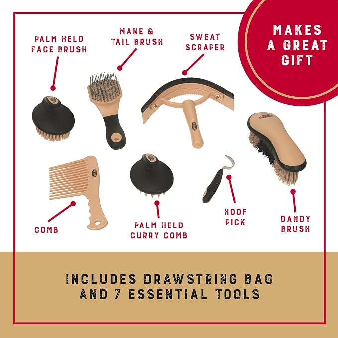 Weaver Equine Horse Grooming Kit, 7-Piece Horse Brush Set with Organizer Tote Bag, Hoof Pick, Comb, Sweat Scraper, Equine Tools for Daily Grooming, Black/Beige