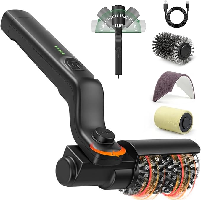 Electric Grill Brush Rechargeable, Cordless Rotary BBQ Cleaner with 3 Speeds, 180° Adjustable Head, Detachable Brush Heads for Outdoor Gas and Charcoal Grills, Black