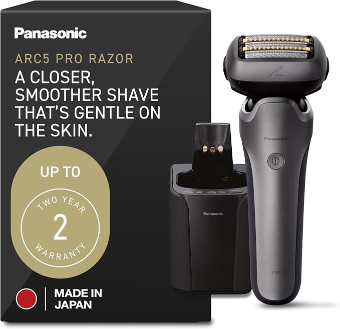 Panasonic ARC5 PRO Electric Razor for Men, Wet/Dry 5-Blade Foil Shaver for Thick Beard & Stubble, 20D Flexible Head, Pop-Up Trimmer with Automatic Cleaning + Charge System – ES-L580WS