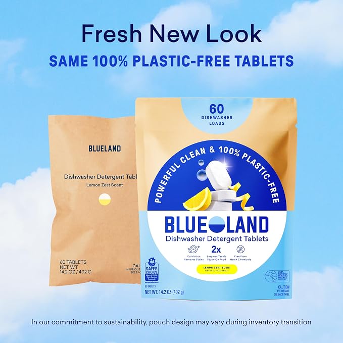 BLUELAND 100% Plastic-Free Dishwasher Detergent Tablets, 60 Count, Lemon Zest Scent, Eco Friendly Dishwashing Pods, Cuts Grease & Stuck on Food, Rinses Clean for Streak-Free Shine