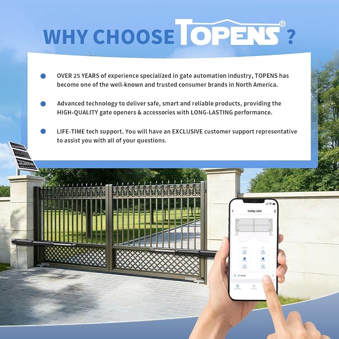TOPENS XD552S Smart Gate Opener for Medium Duty Solar Dual Swing Gates Up to 18ft per Arm, Automatic Gate Opener with App Control AC Powered Remote Control Kit Solar Panel Included
