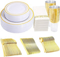 350 Pieces White and Gold Plastic Plates - 50 Guest Dinnerware Set Include 100 Plates, 50 Gold Plastic Silverware, 50 Paper Napkins and 50 Cups for Wedding/Baby Shower/Spring/Birthday/Thanksgiving