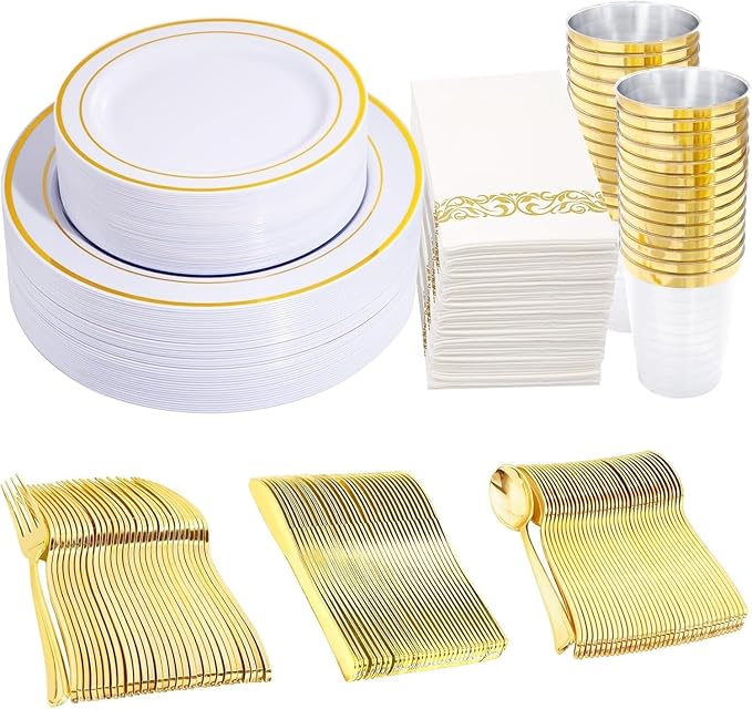 350 Pieces White and Gold Plastic Plates - 50 Guest Dinnerware Set Include 100 Plates, 50 Gold Plastic Silverware, 50 Paper Napkins and 50 Cups for Wedding/Baby Shower/Spring/Birthday/Thanksgiving