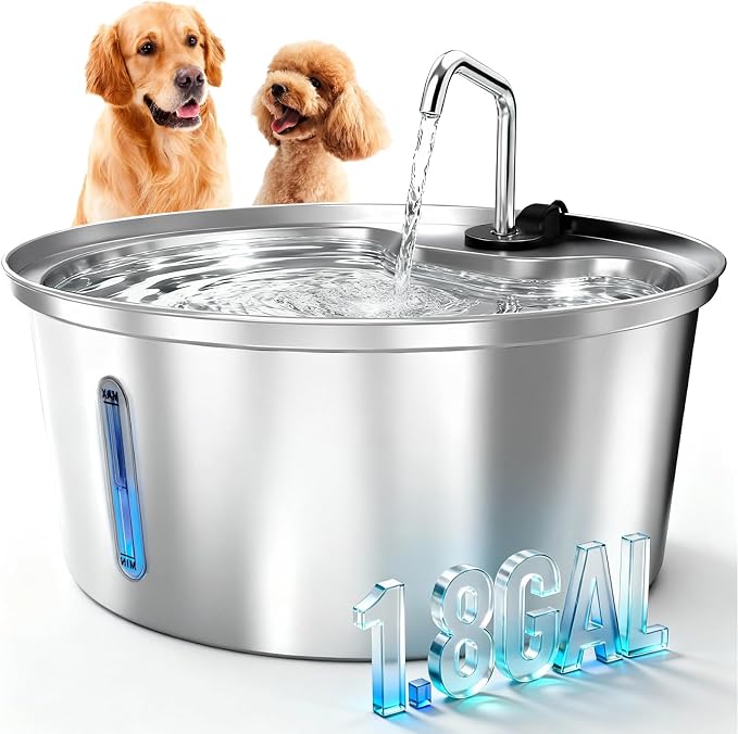 Dog Water Fountain Stainless Steel, 7L/1.8Gal Pet Fountain Water Bowl with Multi-Filtration & Deeper Drinking Aera, Large Cat Water Fountain with Water Window & LED (2 Filters 1 Fountain)