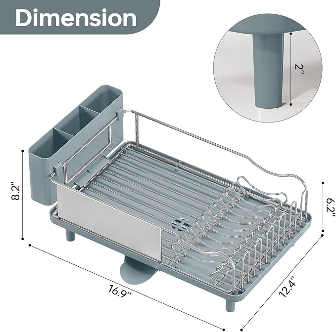 Stainless Steel Dish Drying Rack - Large Capcity 304 Grade Dish Drainer for Kitchen Counter with Drain Board, Utensil Holder & Detachable Cup Shelf, Rustproof Multifunctional Organizer, Pale Blue