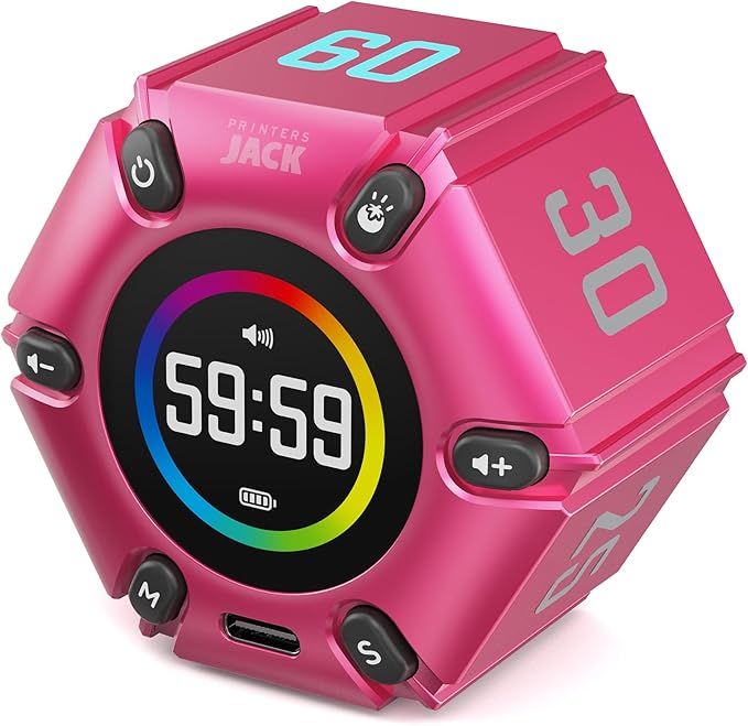 Printers Jack Visual Pomodoro Timer, Productivity Cube Timer, Mute & Vibration & Adjustable Sound Alert, for Office, ADHD, Study, Work, 3/5/10/25/30/60min & Custom Countdown - Hot Pink