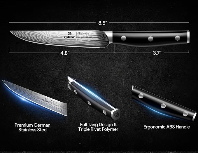 Steak Knives Set of 8 with Drawer Organizer Built-in Sharpener, 4.6 Inch Non Serrated Dinner Knife, Forged German Steel Damascus Pattern Straight Edge Meat Knife with Full Tang Handle, Black | 4.6 Inch Non Serrated Dinner Knife, Forged German Steel Dam...